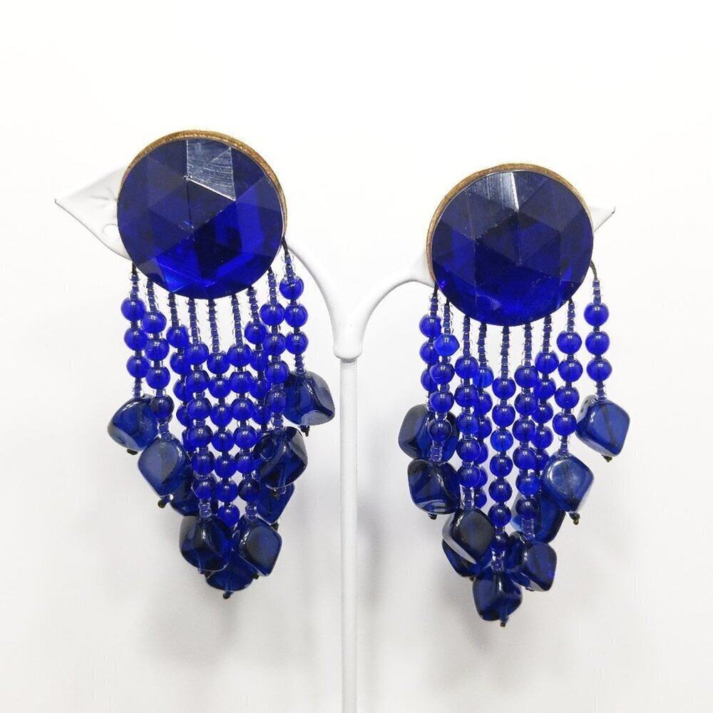 Vintage Cobalt Blue Beaded Fringe Earrings, Boho Earrings, 1970s, 3 1/4 Inches